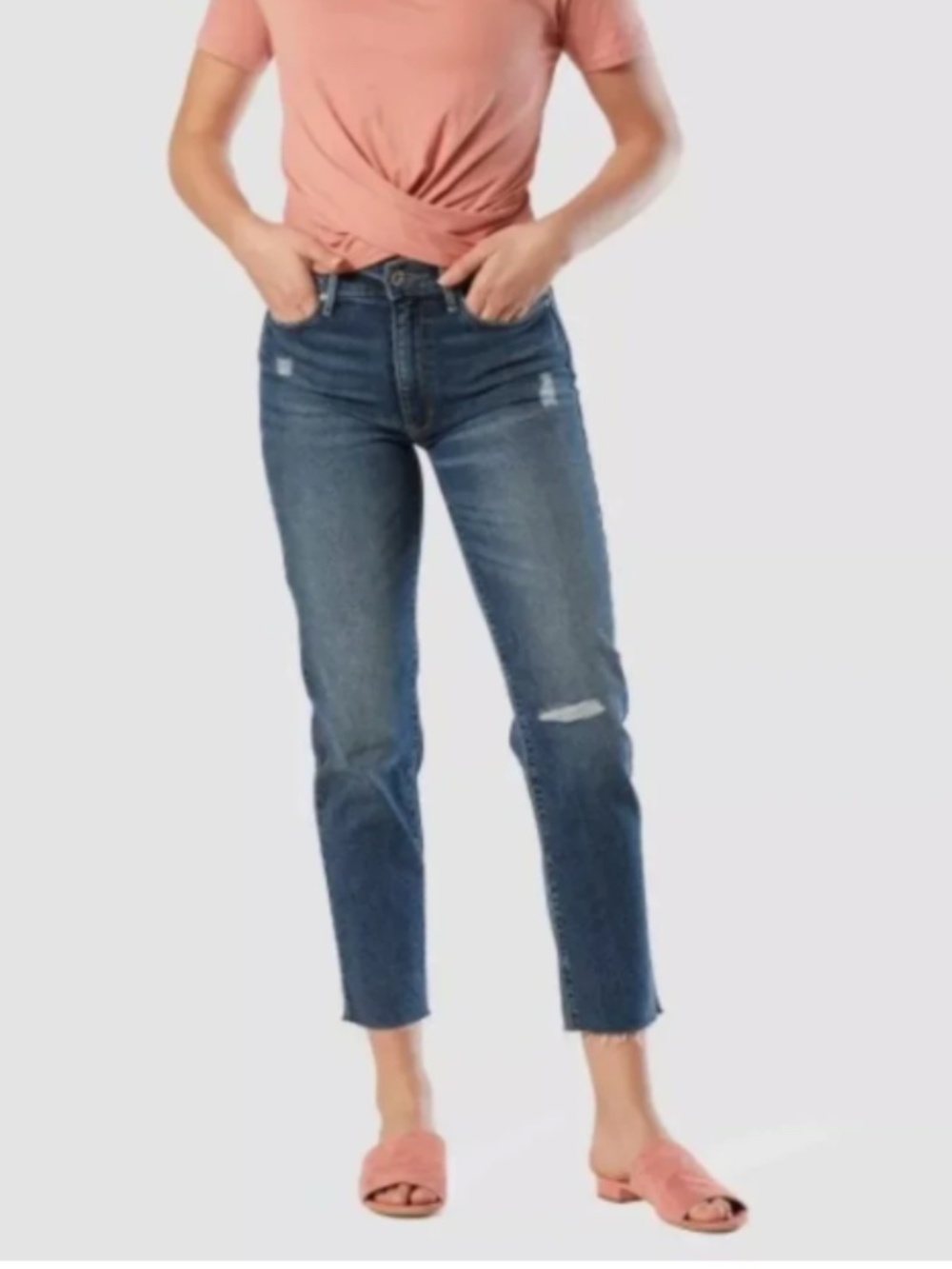 Levi’s Denizen High Rise Ankle Raw Hem Women’s 16 Blue Distressed Straight Jeans